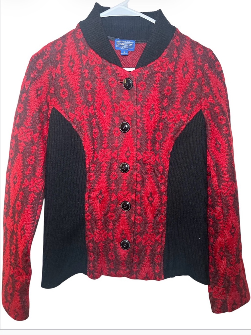 Pendleton Red & Black Patterned Button-Up Cardigan Warm Wool Blend Long Sleeve
